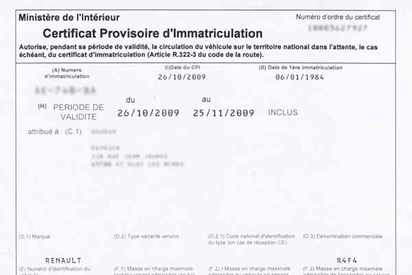 Certificat provisoire d'immatriculation CPI après une démarche de carte grise